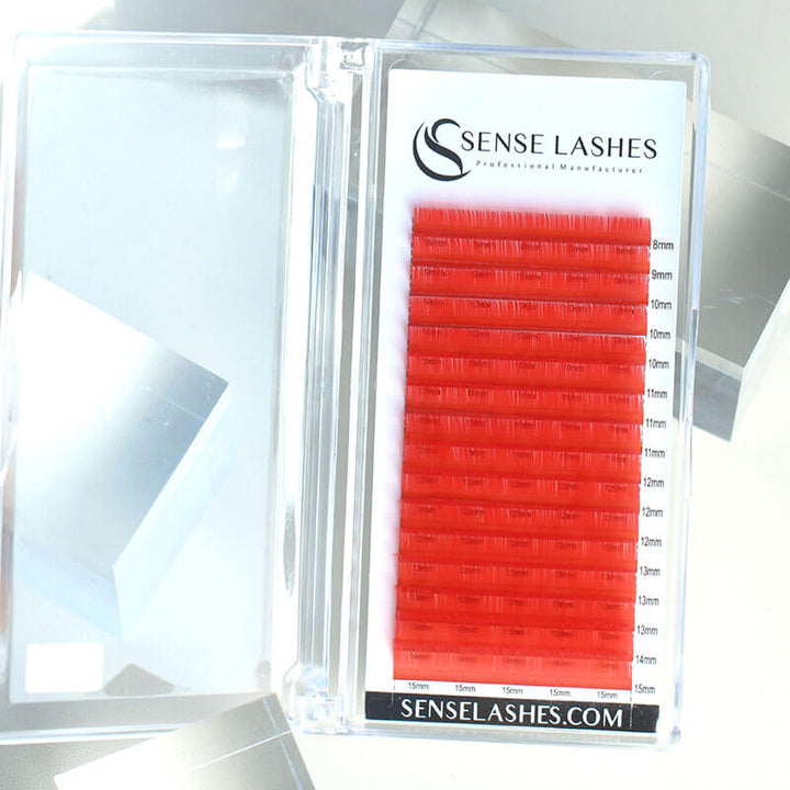 SENSE LASHES Red Eyelash Extensions, C and D curl, 0.05mm, Various lengths, professional lash products, 16 lines