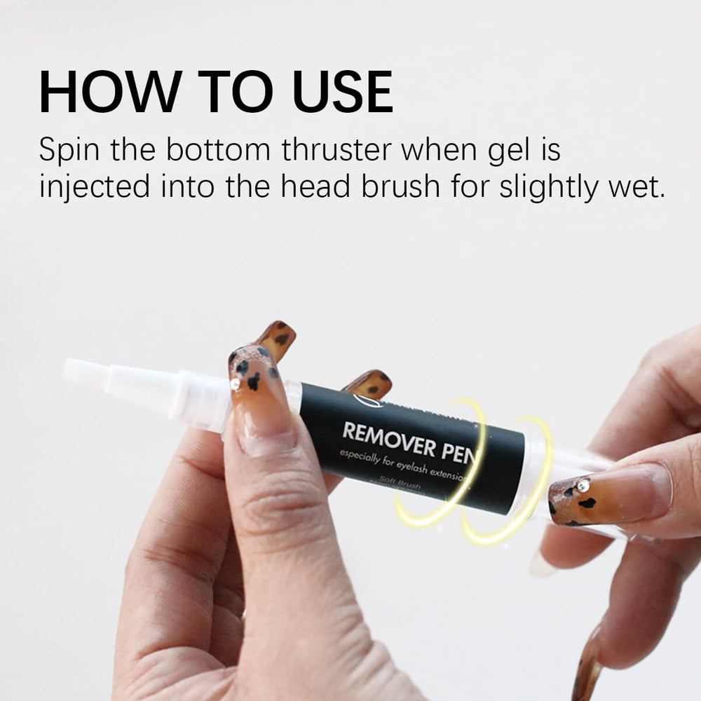 Eyelash extension remover pen application guide, featuring 'How to Use' and 'Remover Pen' text for easy lash removal.