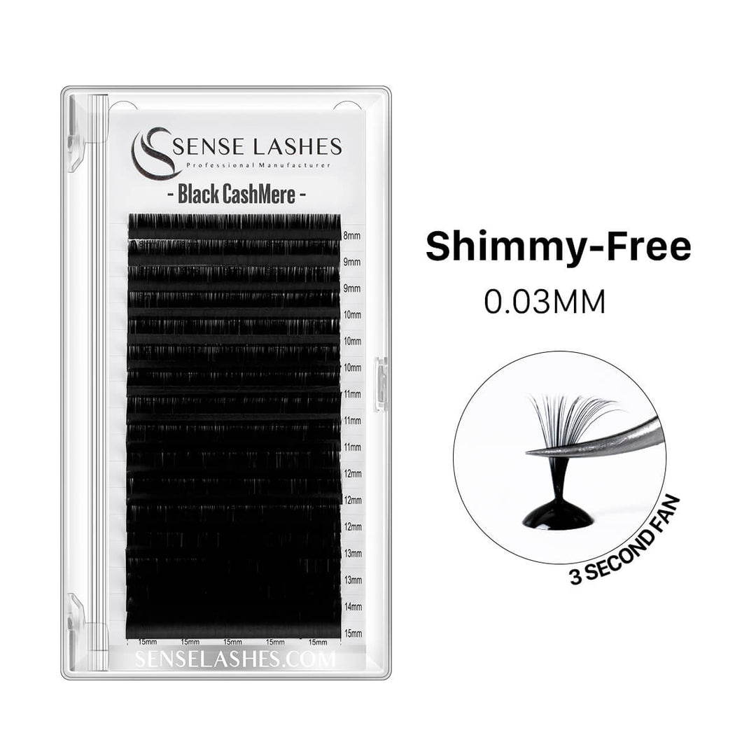 Black Cashmere True Matte Lashes in a clear package, showcasing 0.03mm thickness and shimmy-free texture.