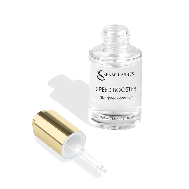 SenseLashes Speed Booster lash glue accelerator, clear bottle, gold cap, enhances lash extension speed and retention.