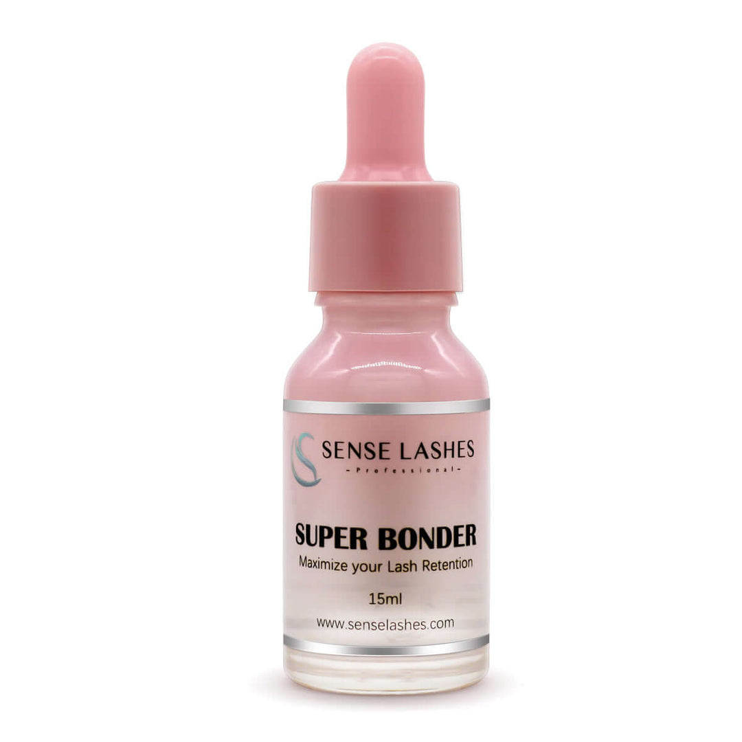 Sense Lashes Super Bonder lash extension product, pink bottle with dropper, for maximizing lash retention