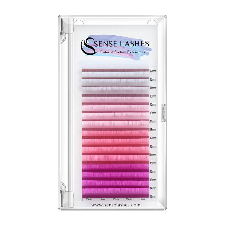 SenseLashes Art Series Pink Lashes in mixed lengths and shades, 0.07mm diameter for creating trendy eyelash extension sets.