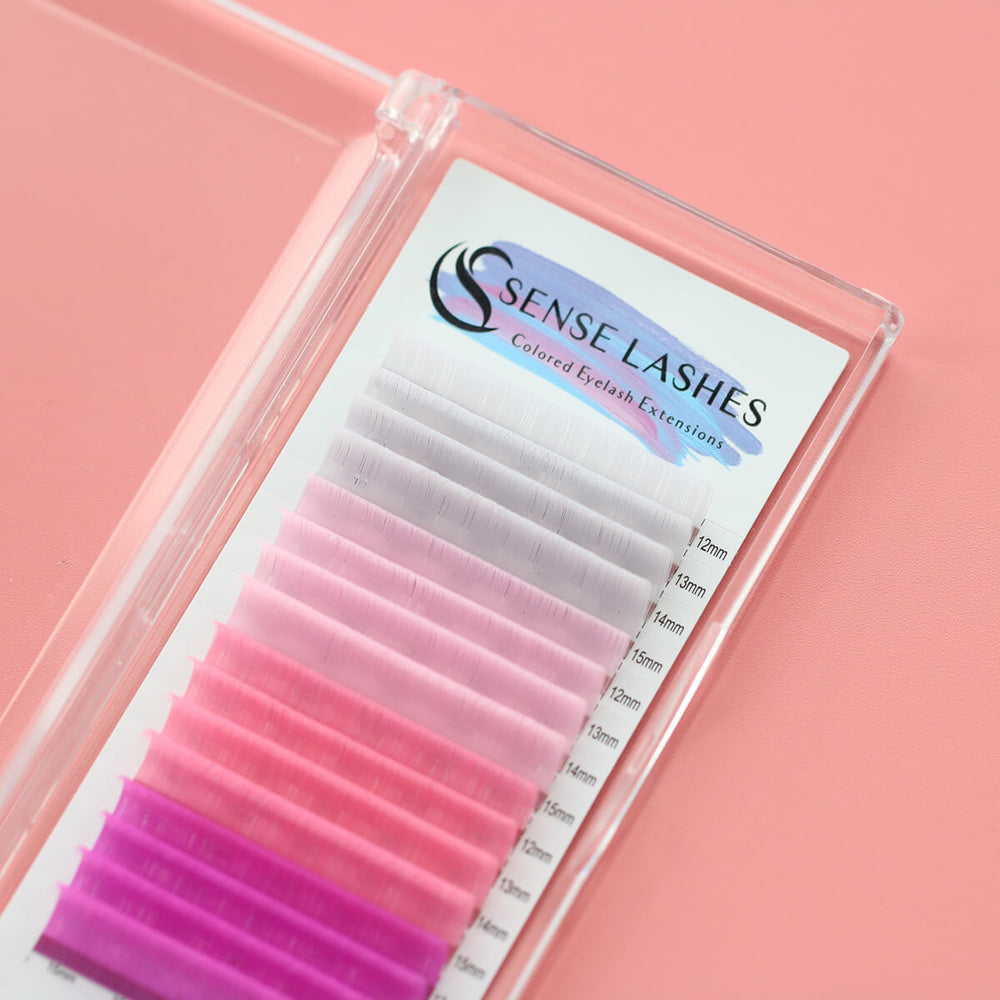 SenseLashes Art Series Pink Lashes in mixed lengths (12-15mm) and shades, 0.07mm diameter for trendy eyelash extension sets.