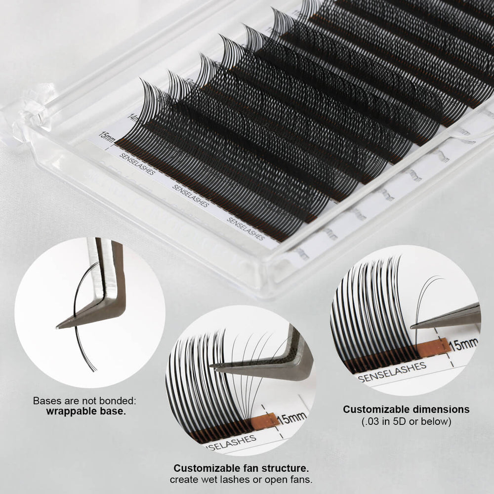 0.07mm Wispy Eyelash Extensions.  SenseLashes. Create wet, open fan lashes. Customizable & wrappable base. 15mm length.