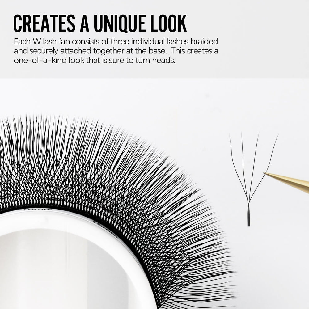 W lash fans, made of three braided individual lashes, create a unique, eye-catching look with secure attachment at the base.