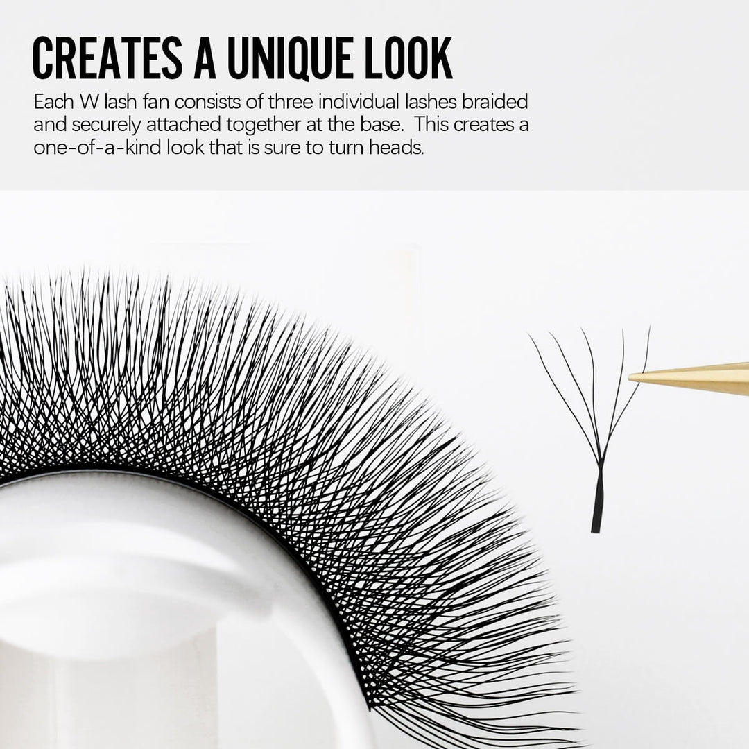 W lash fans, made of three braided lashes, create a unique and eye-catching look.
