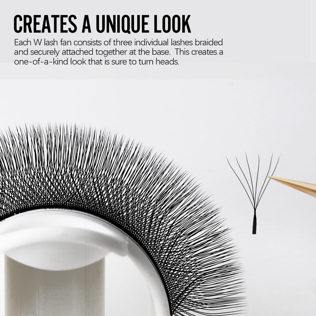 W lash fans, made of three braided lashes at the base, create a unique and eye-catching look. Perfect for standout beauty.