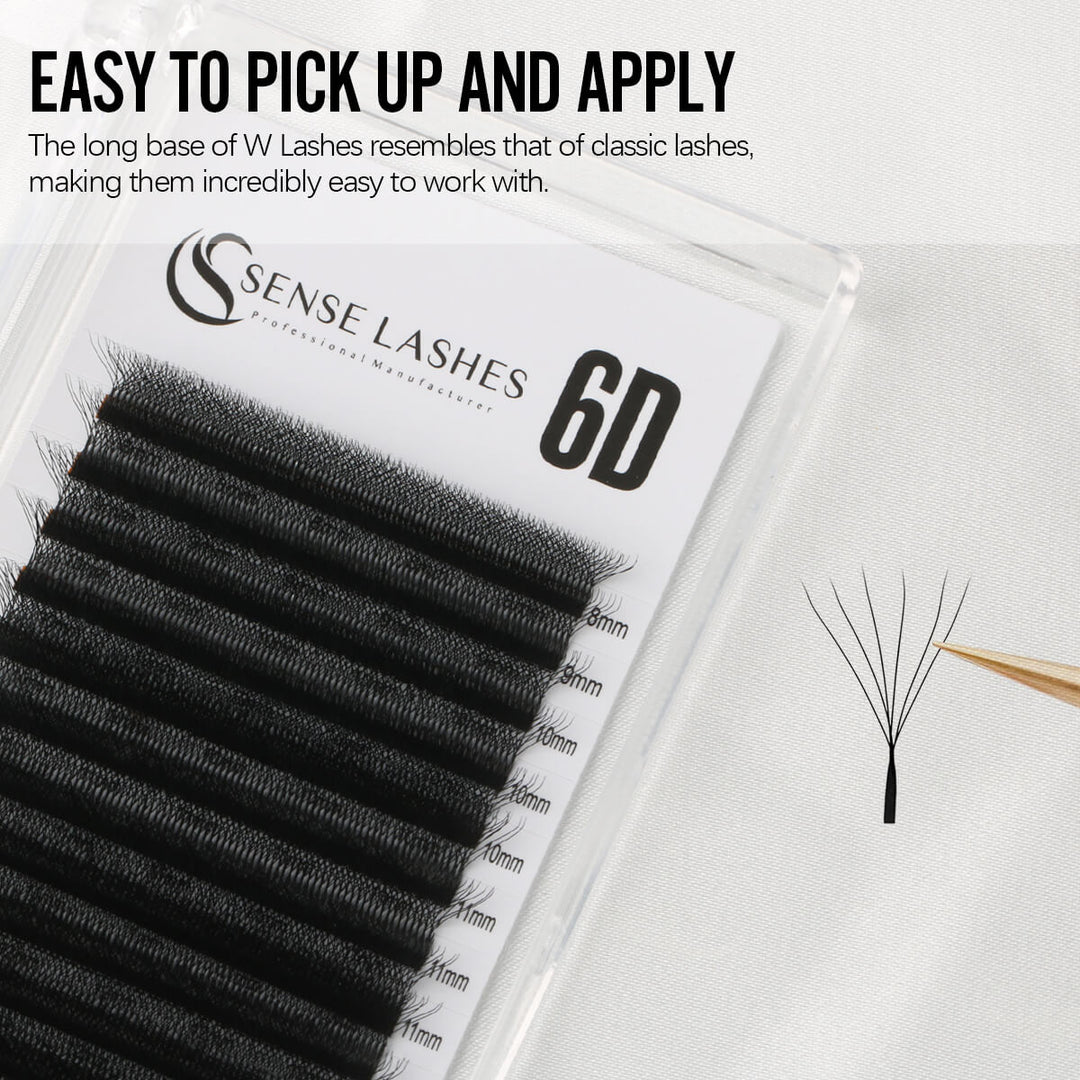 Sense Lashes 6D extensions with a long base, resembling classic lashes, are easy to pick up and apply for effortless use.