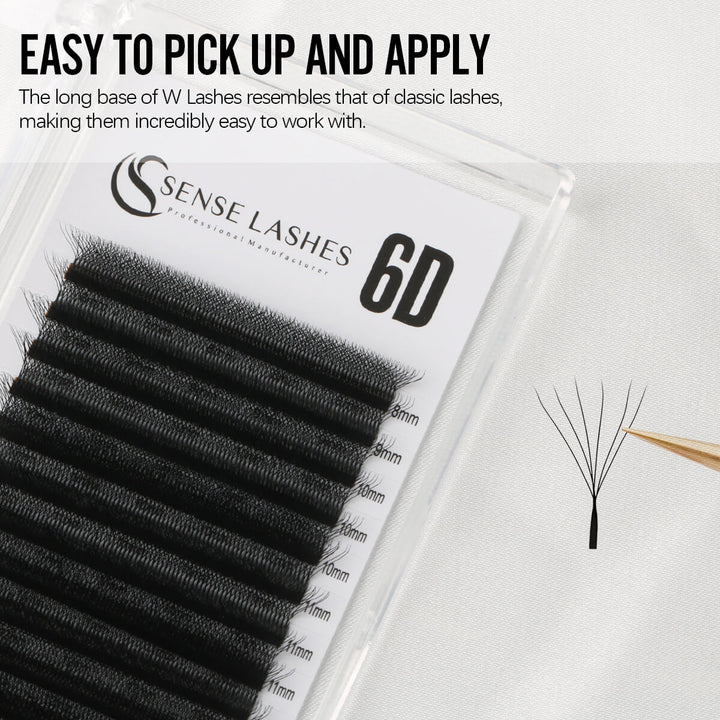 Sense Lashes 6D extensions with a long base, resembling classic lashes, are easy to pick up and apply for effortless use.