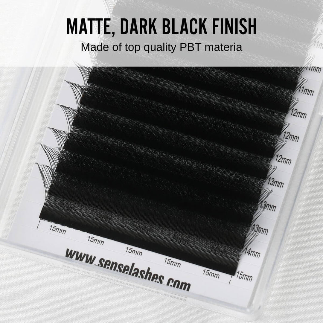 Matte, dark black finish eyelashes made of top-quality PBT material. Sizes range from 11mm to 15mm.