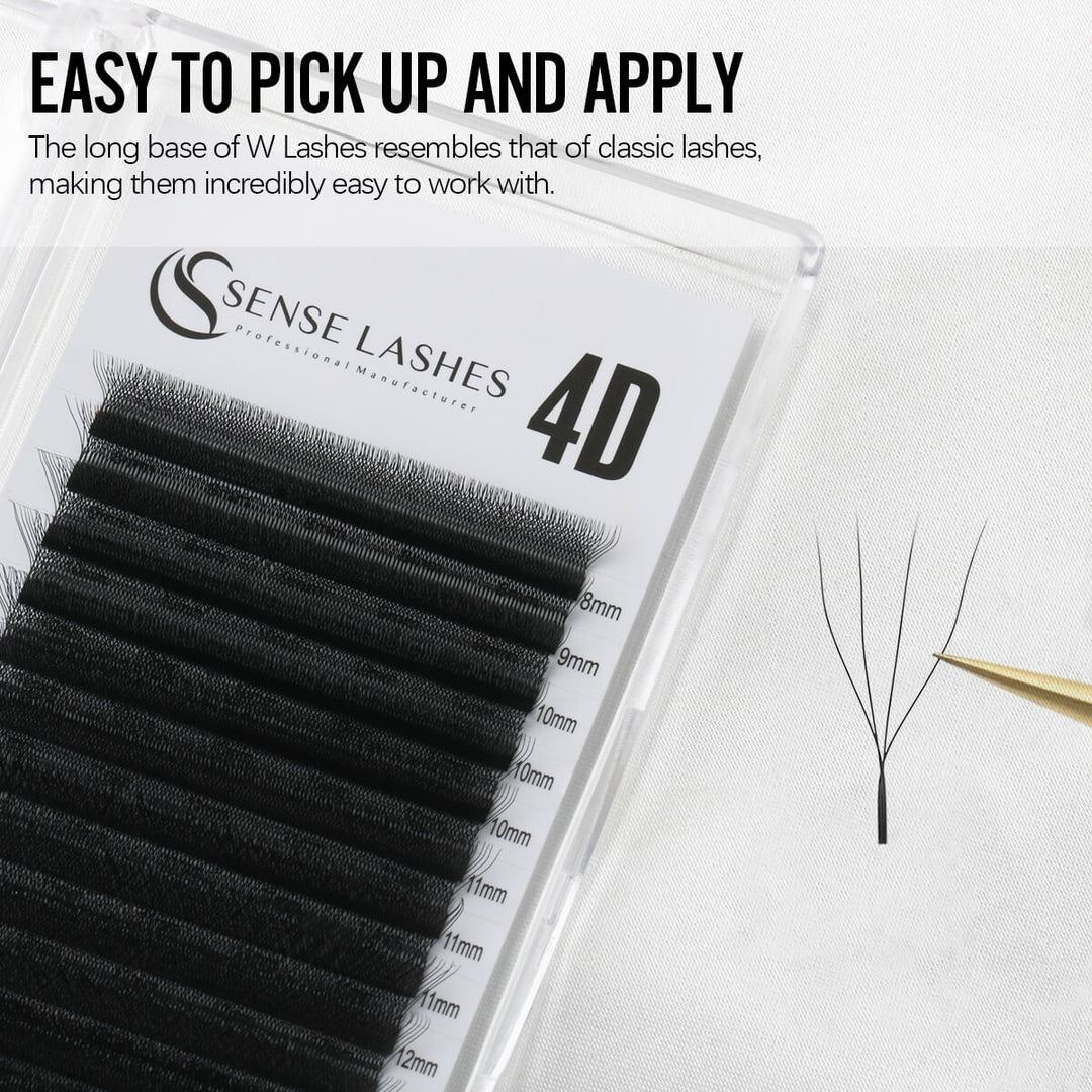 Sense Lashes 4D lashes with a long base for easy application, shown in a clear case with size labels.