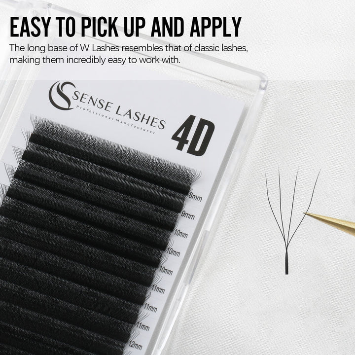 Sense Lashes 4D lashes with a long base for easy application, shown in a clear case with size labels.