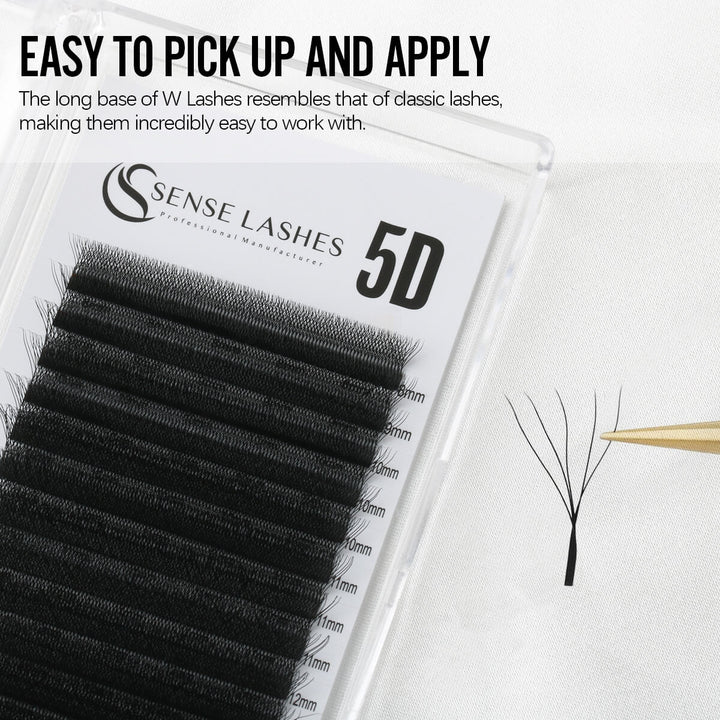 Sense Lashes 5D lashes with a long base for easy application, shown in a clear case with size labels.