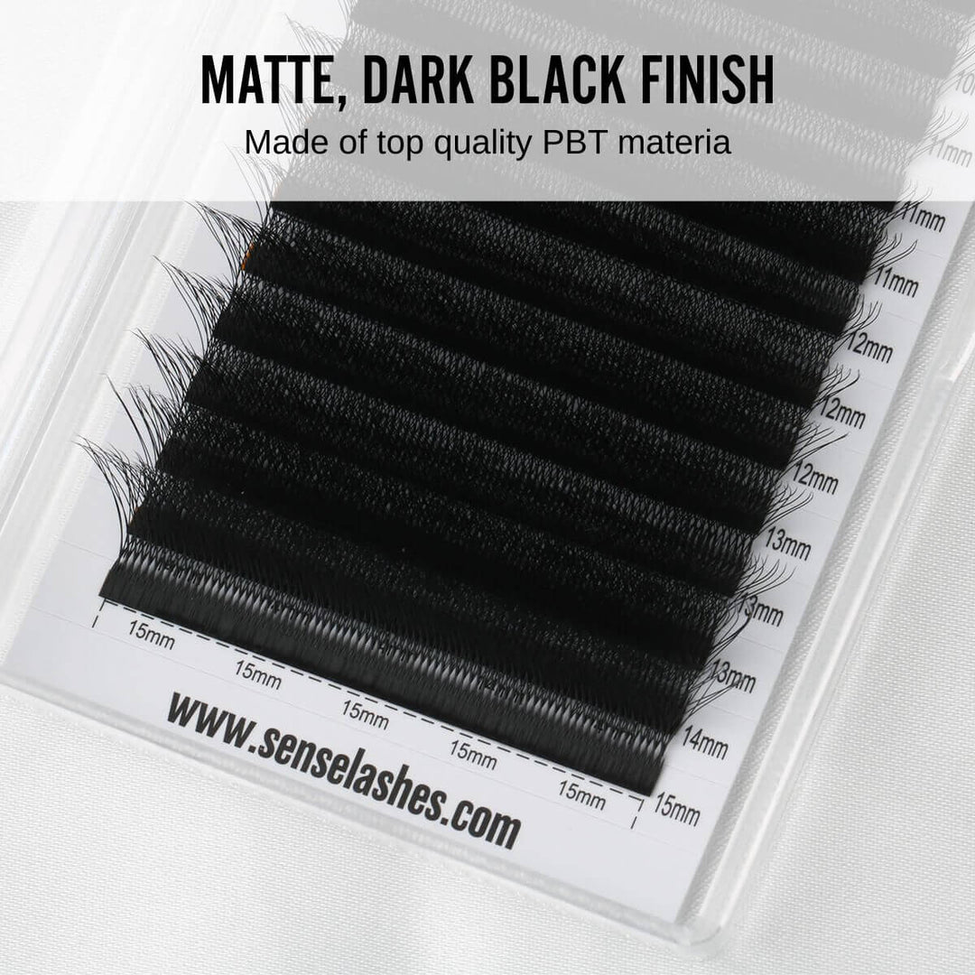 Matte, dark black finish eyelashes made of top-quality PBT material. Sizes range from 11mm to 15mm.