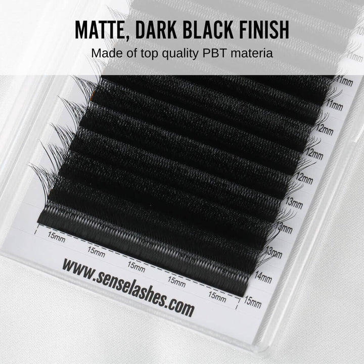 Matte, dark black finish eyelashes made of top-quality PBT material. Sizes range from 11mm to 15mm.