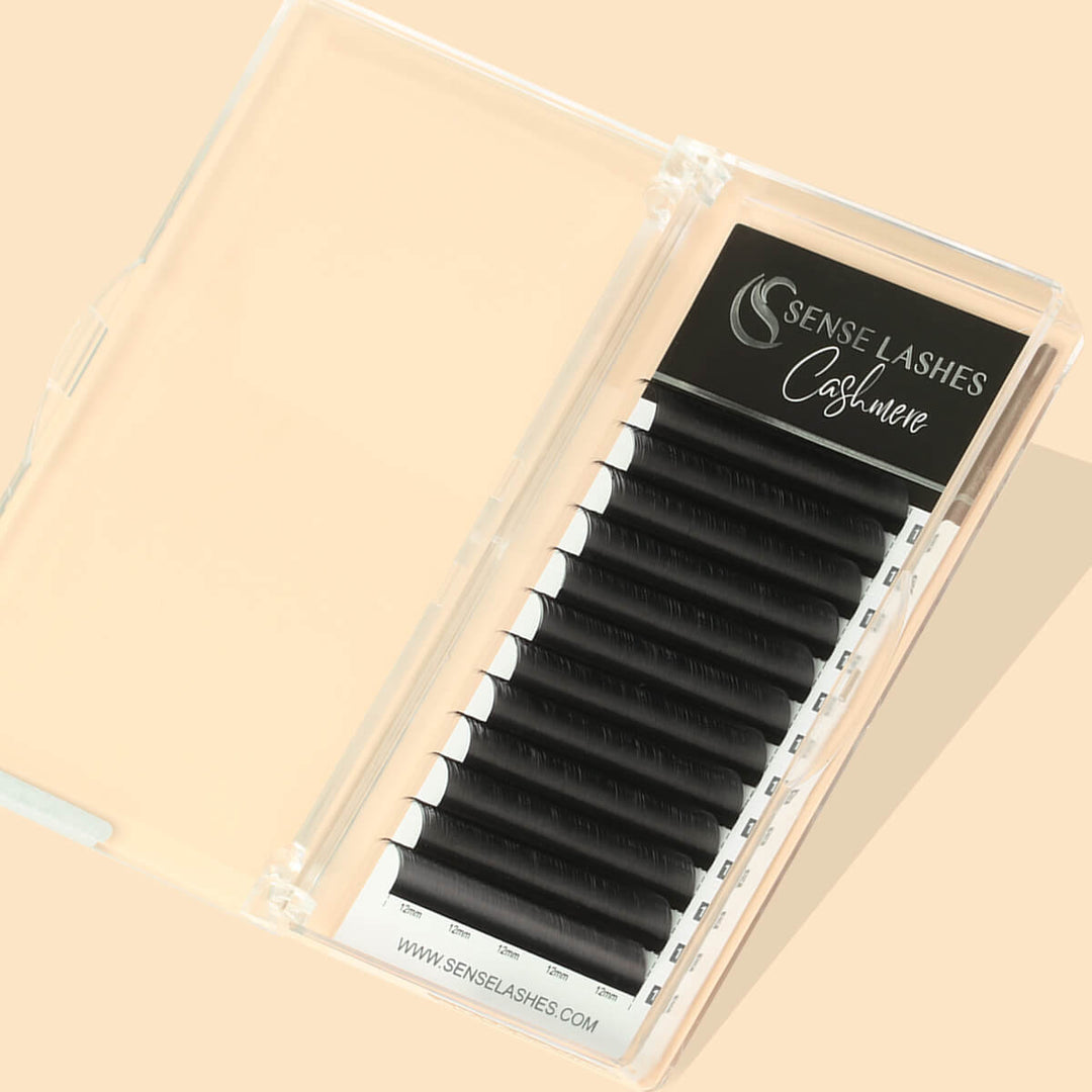 SenseLashes 0.03mm Cashmere Eyelash Extensions in a clear case. Soft black lashes for mega volume.