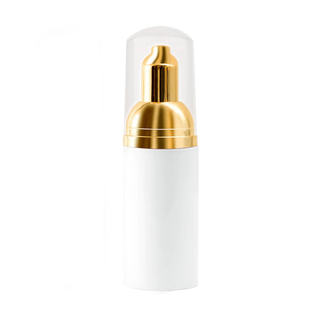 Eyelash extension cleanser foam bottle, white with gold pump, 50ML.