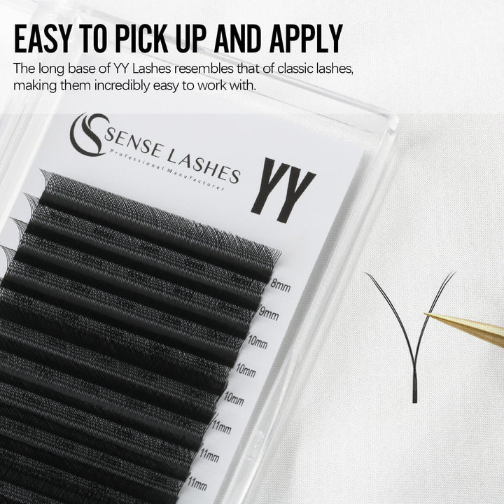 Sense Lashes YY with a classic long base, easy to pick up and apply, shown in various lengths.