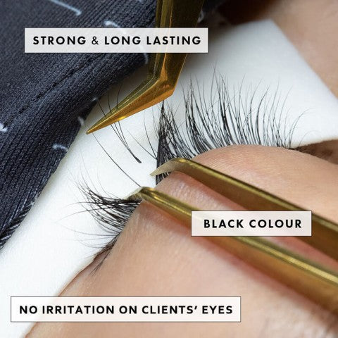 Eyelash extensions application with gold tweezers, black lashes, Strong & Long Lasting, Black Colour, No Irritation.