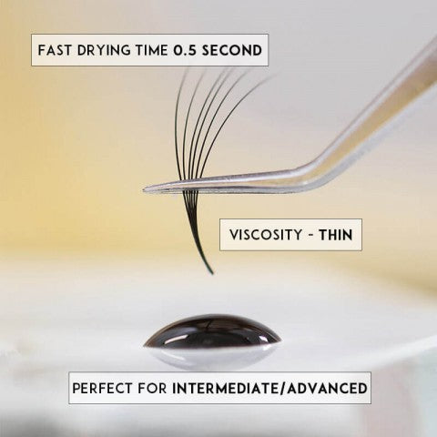 Eyelash extension glue: 0.5-second drying time, thin viscosity, for intermediate/advanced lash artists.