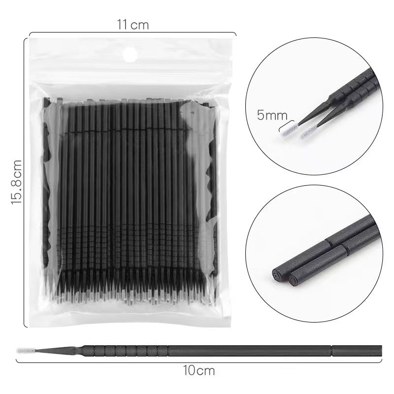 Black micro swabs for eyelash extensions, 100 count. Pack dimensions: 11cm x 15.8cm.  5mm tip length, 10cm length.