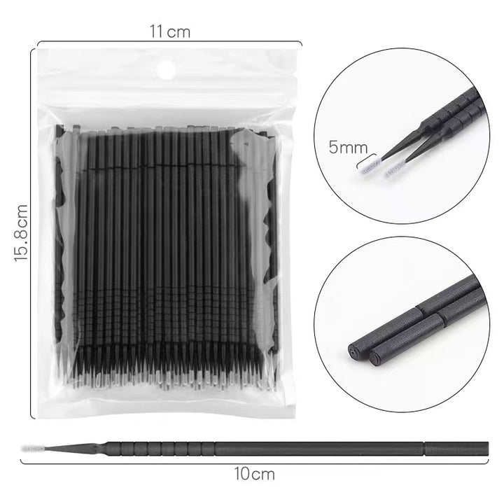 Black micro swabs for eyelash extensions, 100 count. Pack dimensions: 11cm x 15.8cm.  5mm tip length, 10cm length.