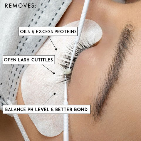 Lash primer application process: removing oils, opening lash cuticles, and balancing pH for optimal lash extension bonding.