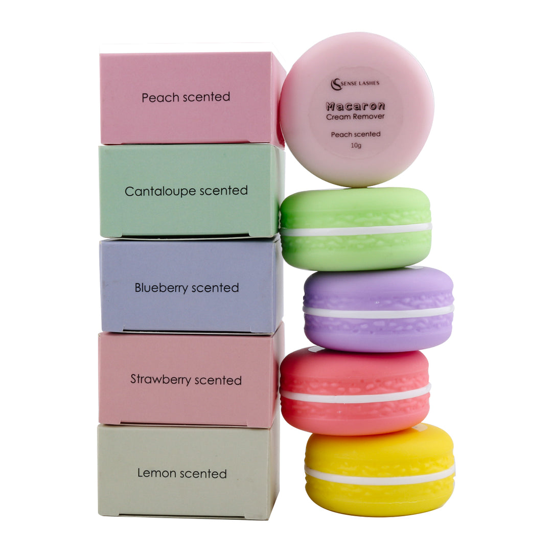 Macaron Cream Remover for eyelash extensions, with various scents: Peach, Cantaloupe, Blueberry, Strawberry, and Lemon.