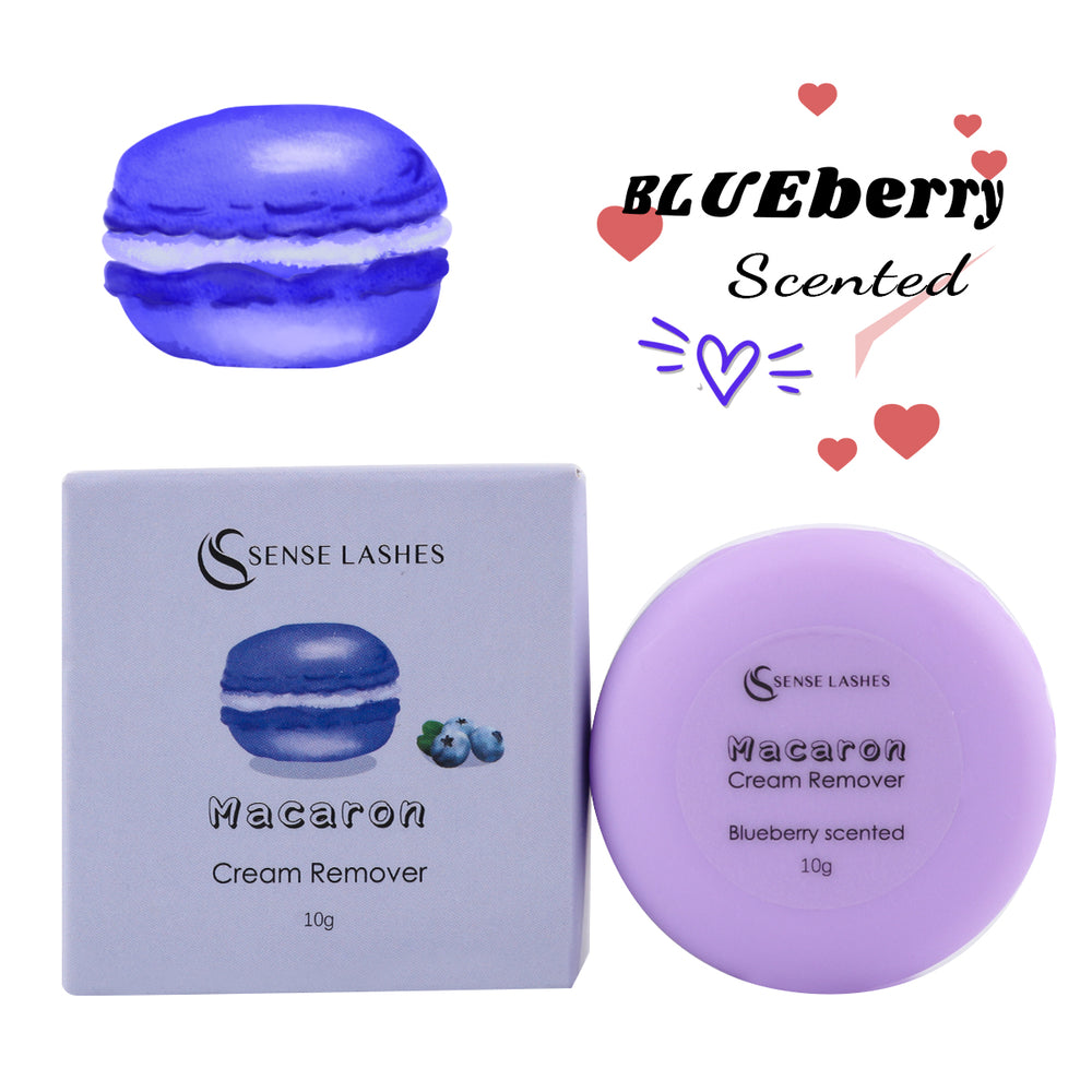 SenseLashes Macaron Cream Remover (Blueberry scented) for eyelash extensions, showcasing packaging and product.