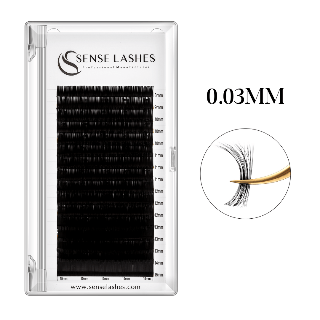 Sense Lashes 0.03mm Premium Lash Extensions, showcasing the curl, length, and material for professional lash artists.