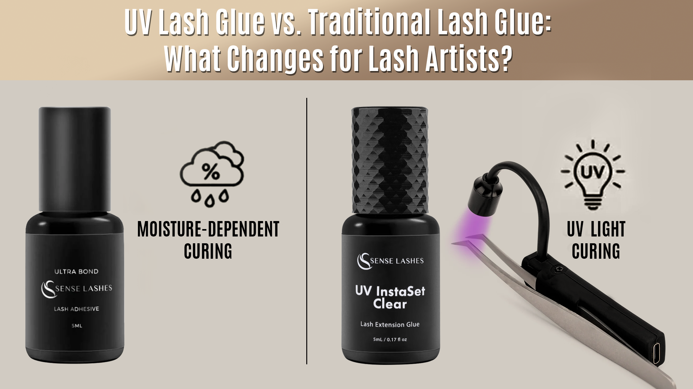UV lash glue vs traditional lash glue showing moisture-dependent curing and UV light curing systems