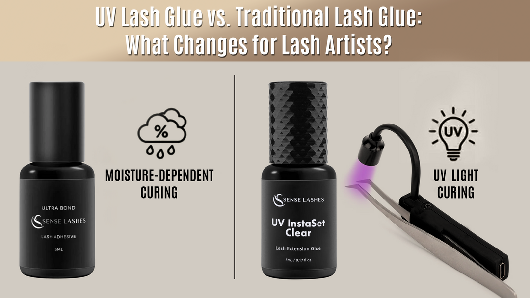 UV lash glue vs traditional lash glue showing moisture-dependent curing and UV light curing systems