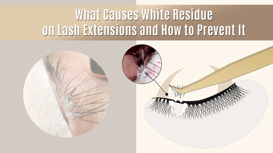 Detailed view of white residue on a lash fan featuring an illustration and macro photo of shock polymerization. A title on the top written 'What Causes White Residue on Lash Extensions and How to Prevent It'.