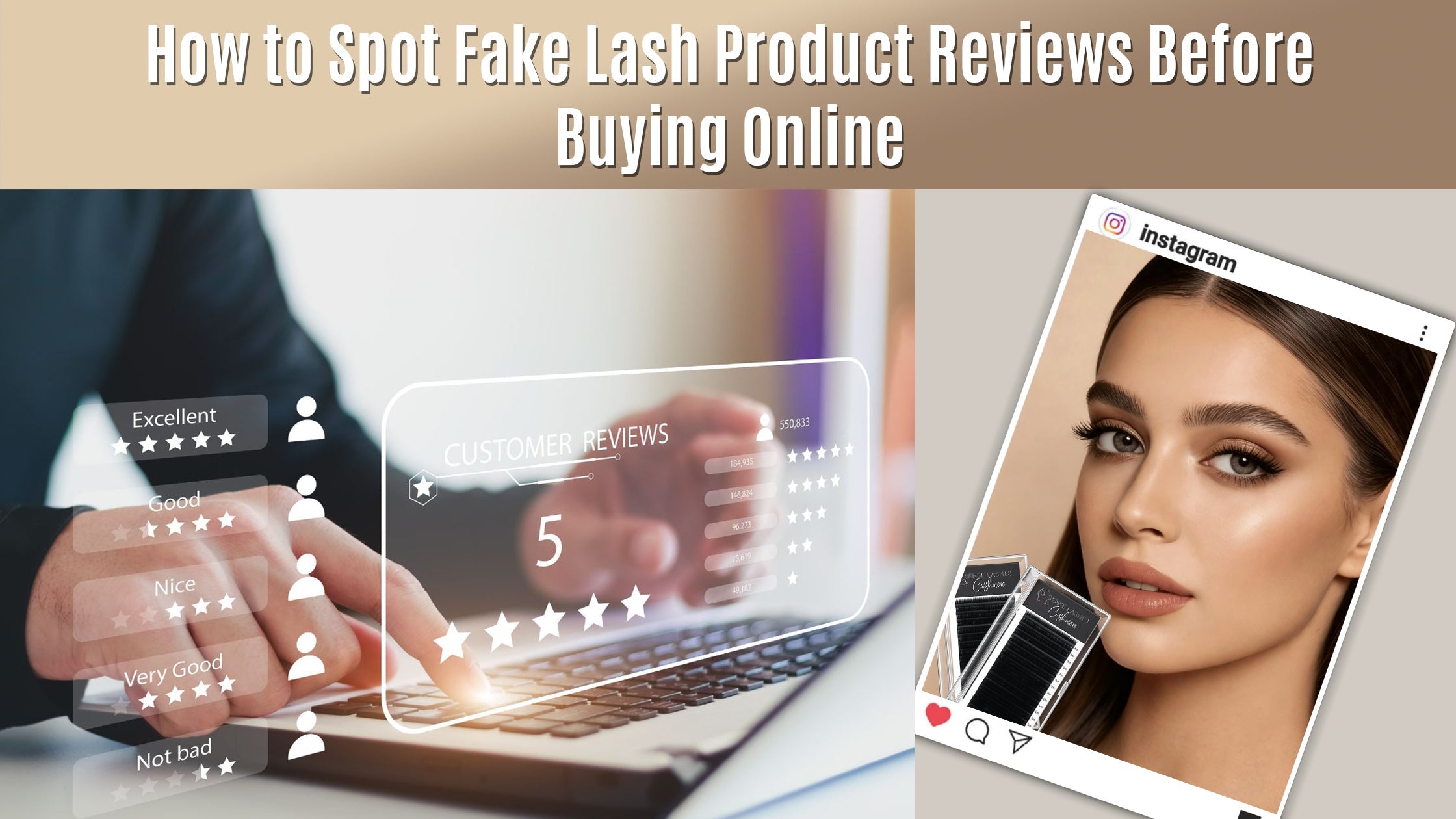 Fake lash product reviews concept with customer ratings, online shopping, social media post, and eyelash products