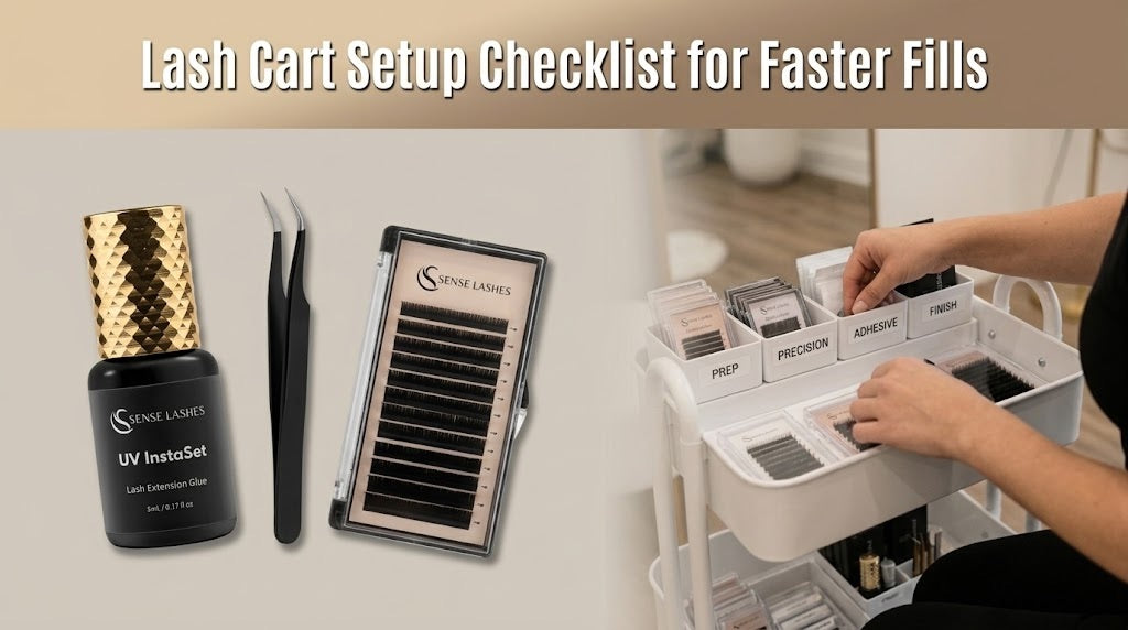 Lash cart setup with labeled compartments, lash trays, tweezers, and adhesive for faster fills.