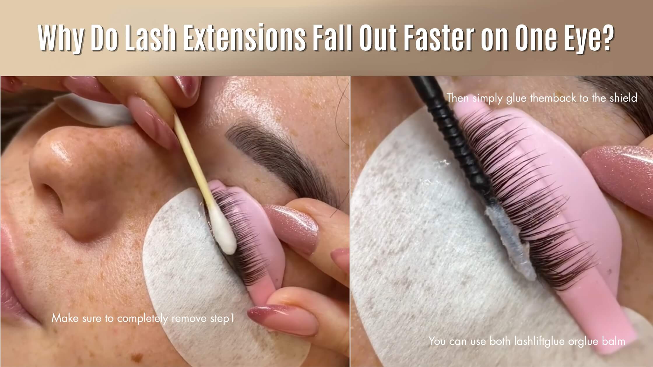 Close-up of lash technician removing lash lift glue from extensions with cotton swab and pink shield