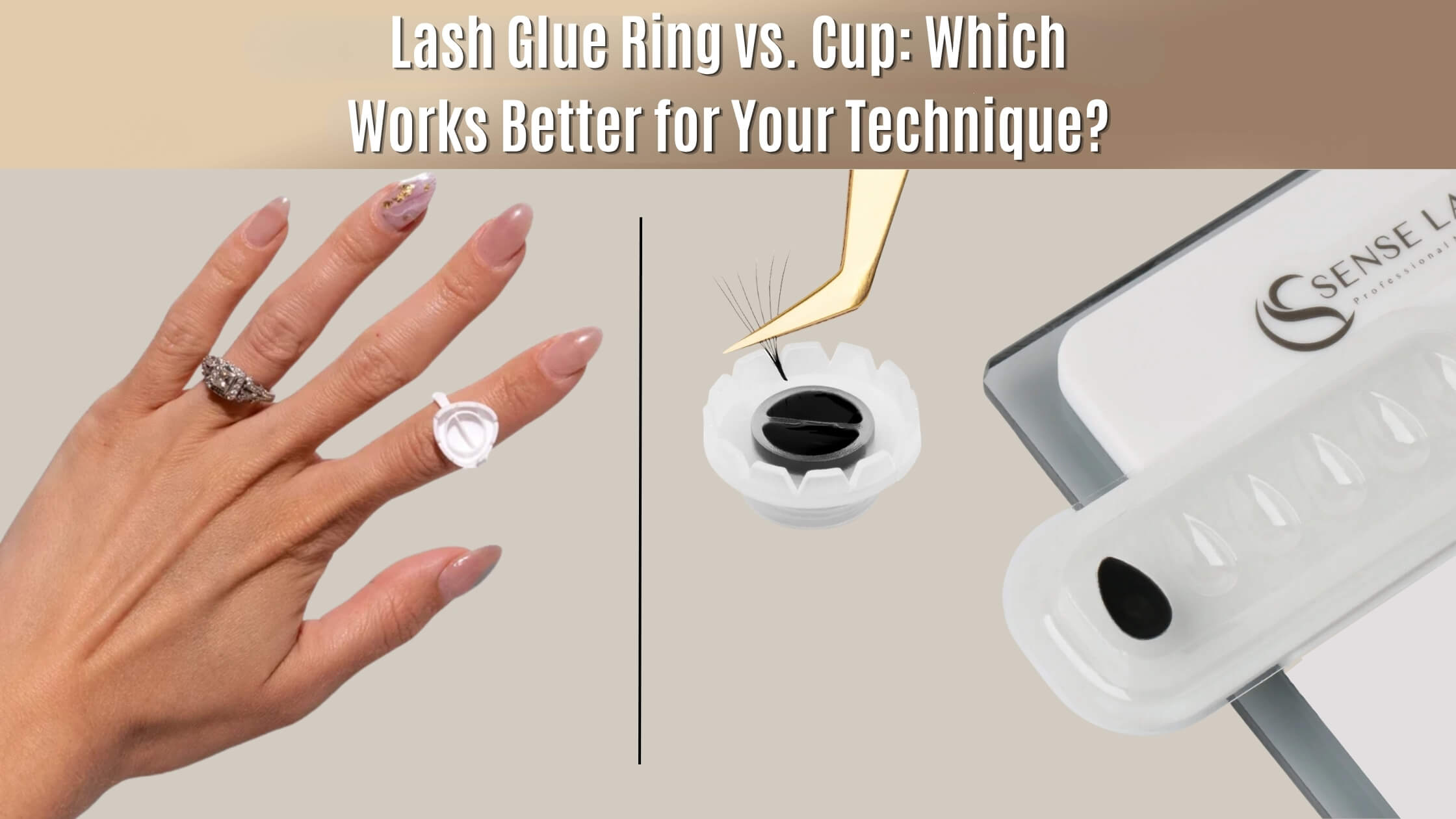 Comparison of lash glue ring worn on finger vs glue cup with gold tweezers picking up adhesive