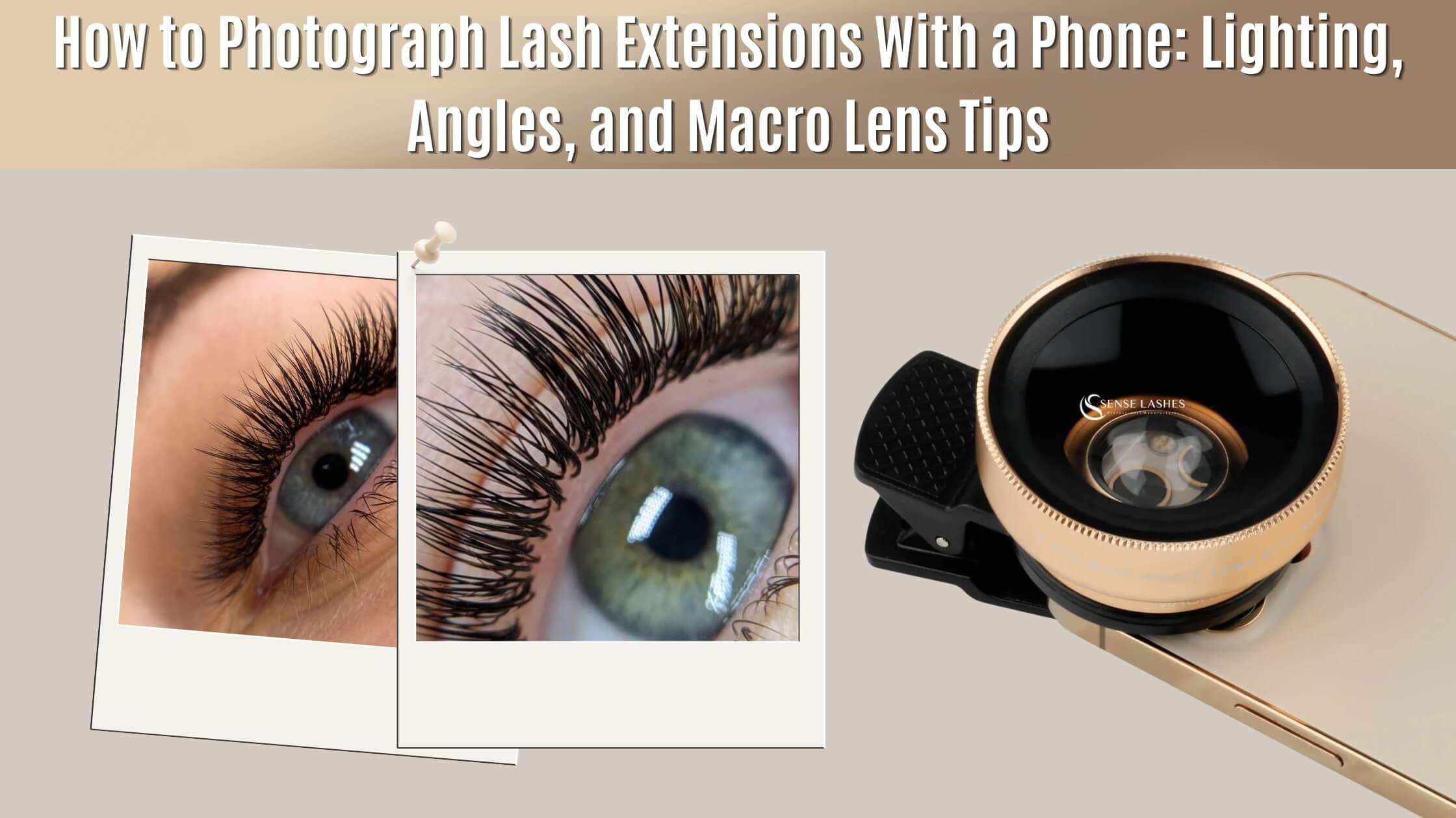 Lash extension close-up photos beside gold clip-on macro lens on smartphone for lash photography