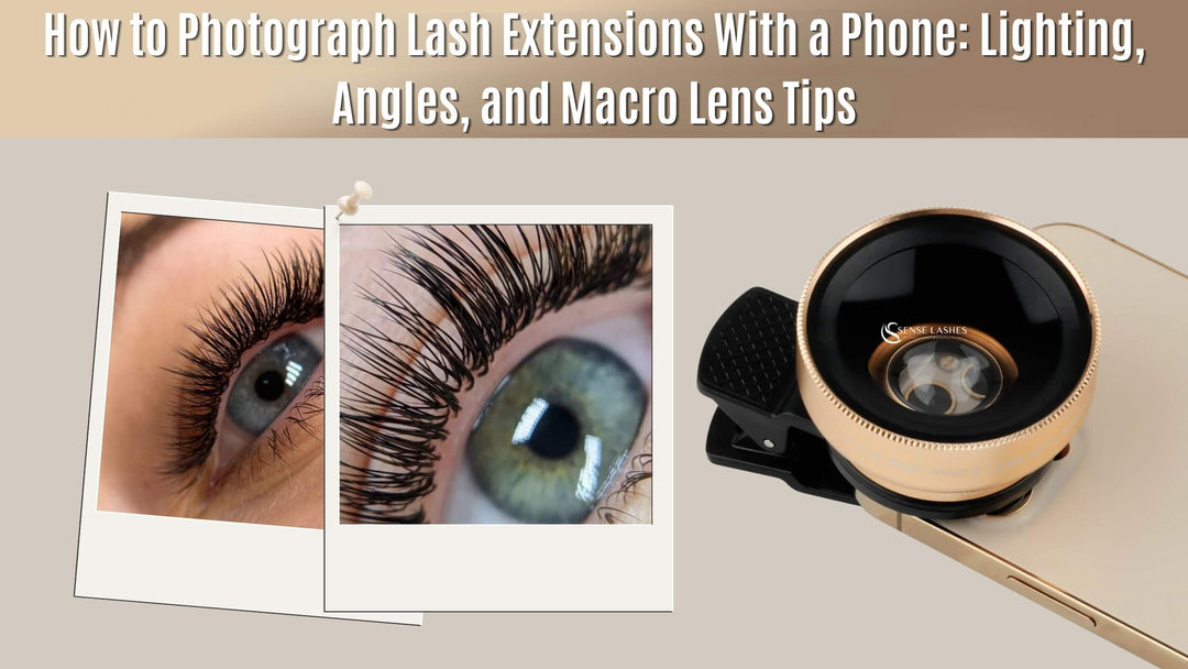 Lash extension close-up photos beside gold clip-on macro lens on smartphone for lash photography