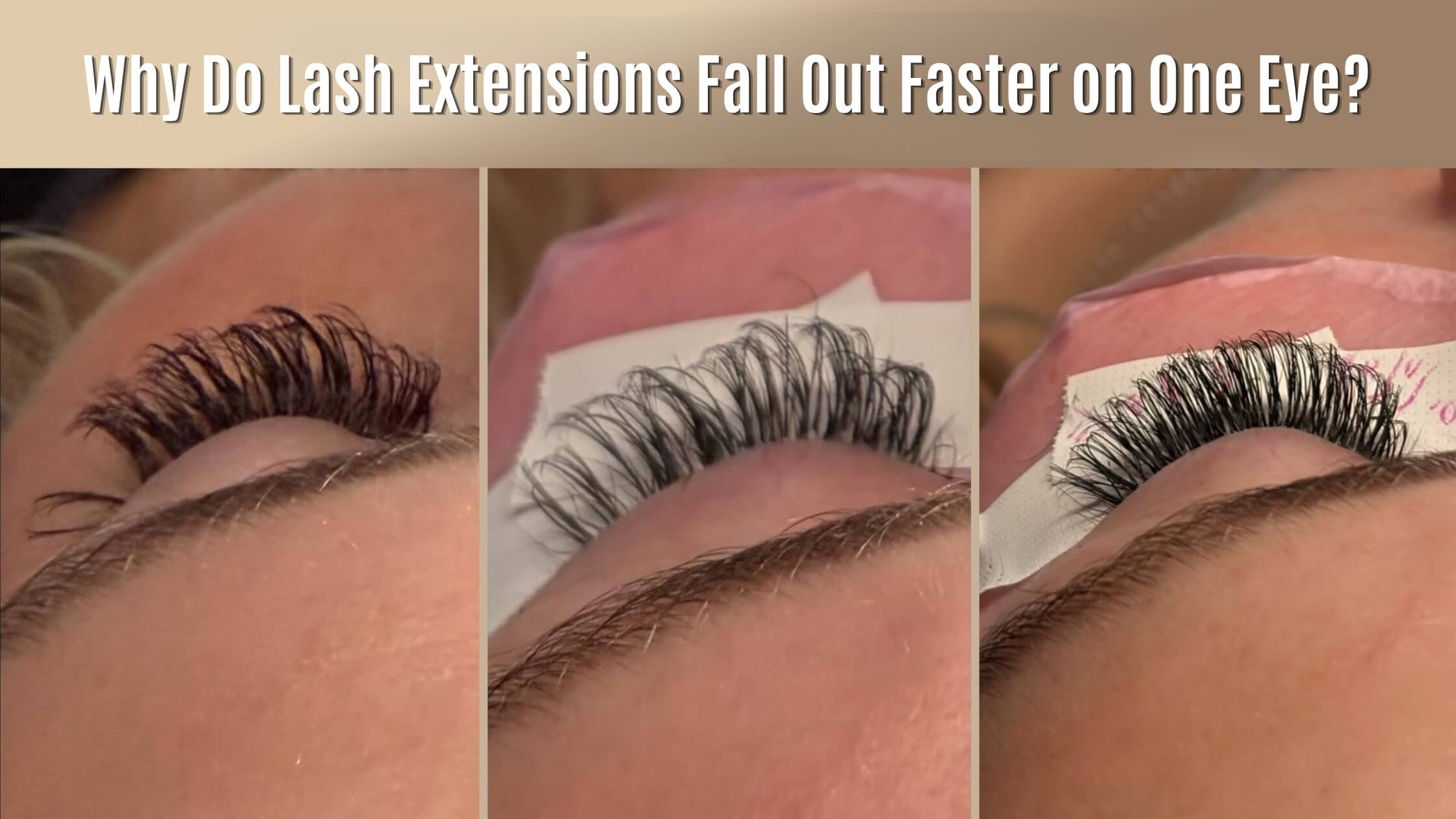 Three-panel close-up comparison of lash extension retention and uneven shedding across different eyes