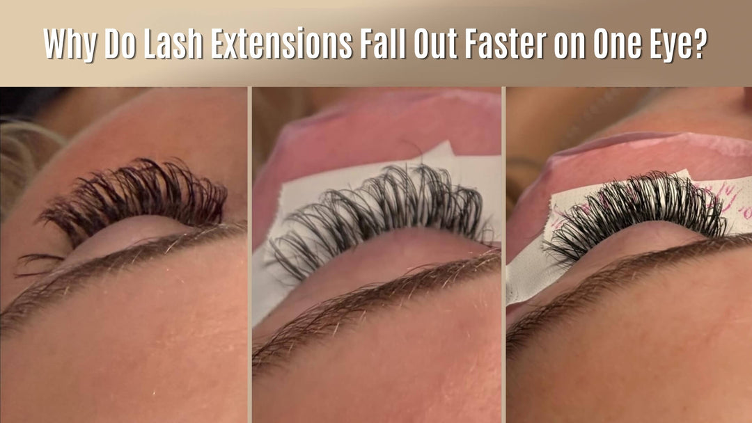 Three-panel close-up comparison of lash extension retention and uneven shedding across different eyes