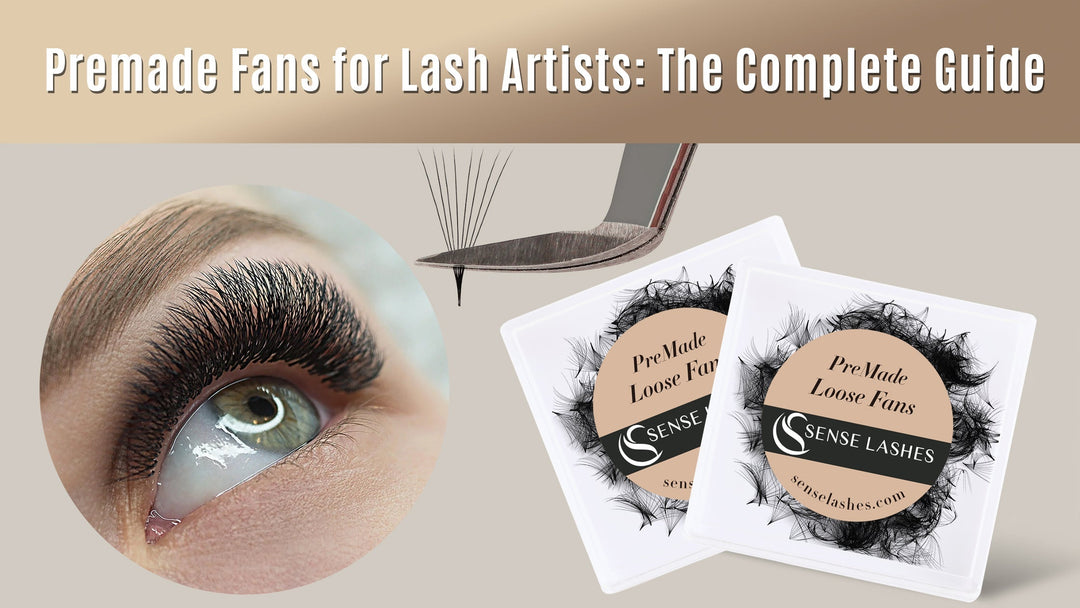 Premade fans for lash artists guide showing lash extension fan trays and close-up application results for warm brown natural lash sets.