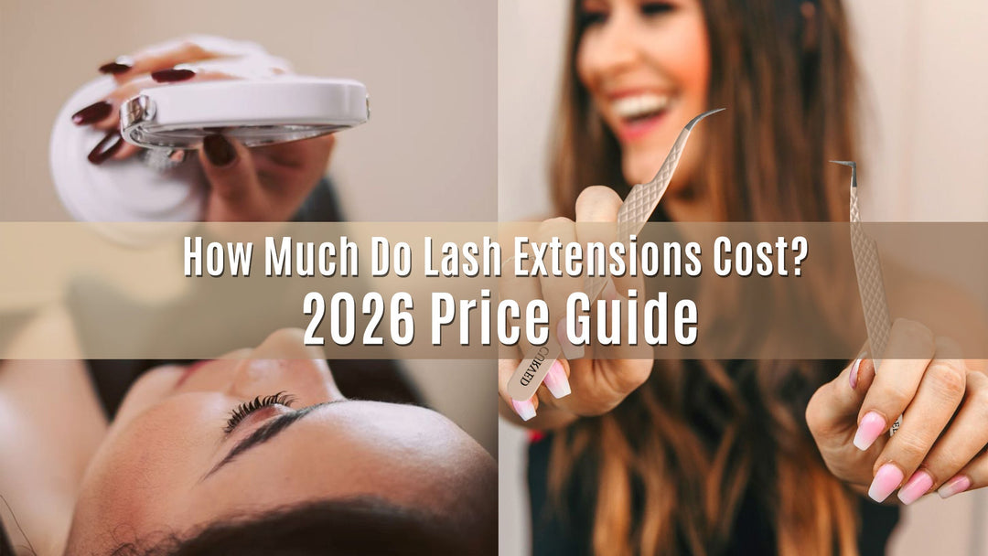 A smiling lash artist holding professional tweezers next to a close-up of a client's finished extensions. A title in the middle written 'How Much Do Lash Extensions Cost? 2026 Price Guide'.