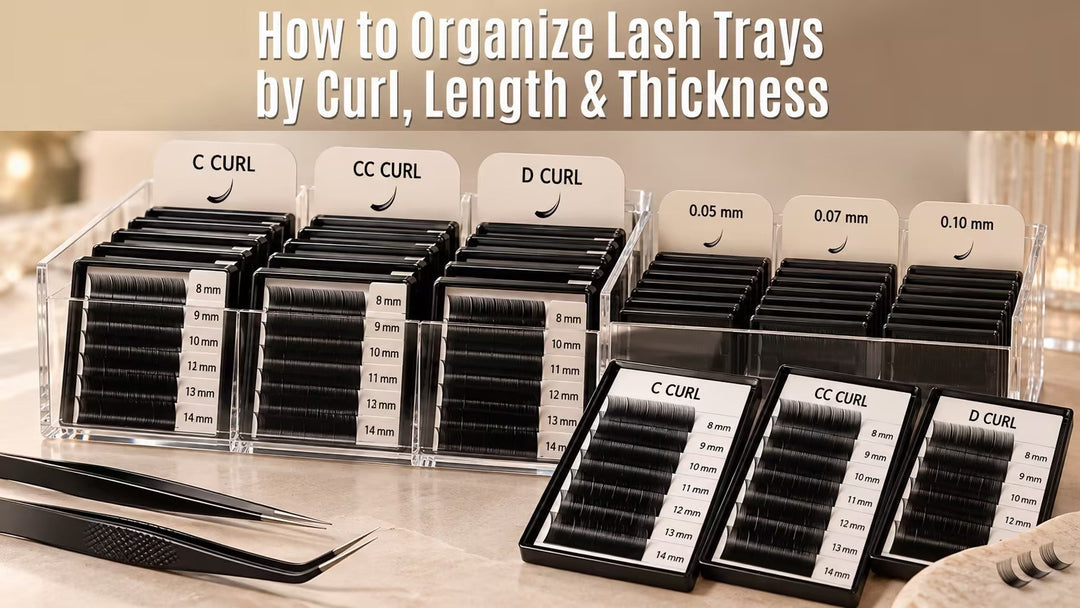 Lash trays organized in acrylic holders with labels for curl type, length, and thickness.
