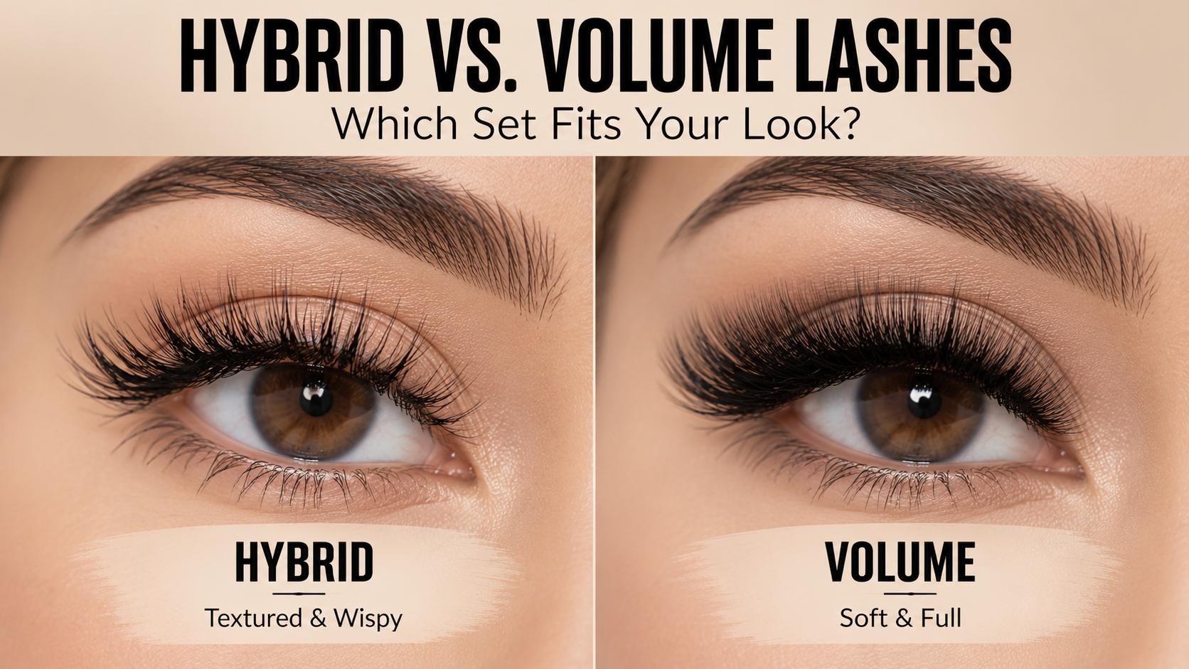 Side-by-side comparison of wispy hybrid lash extensions and dense, full volume lashes on open eyes.