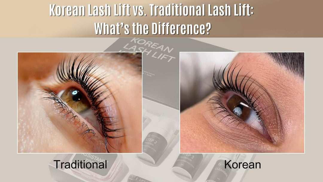 Korean Lash Lift vs. Traditional Lash Lift comparison showing side-by-side eye results and kit.