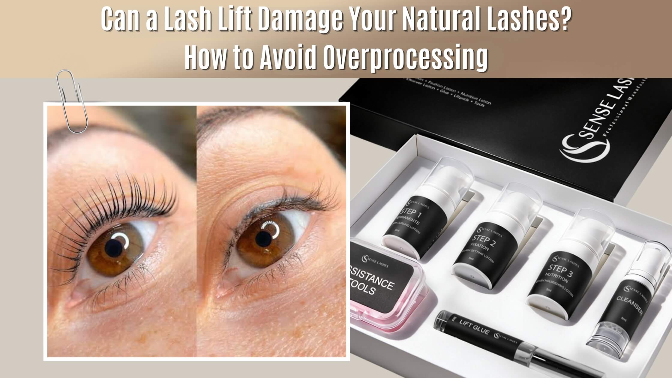 Before and after lash lift comparison beside a professional lash lift product kit.