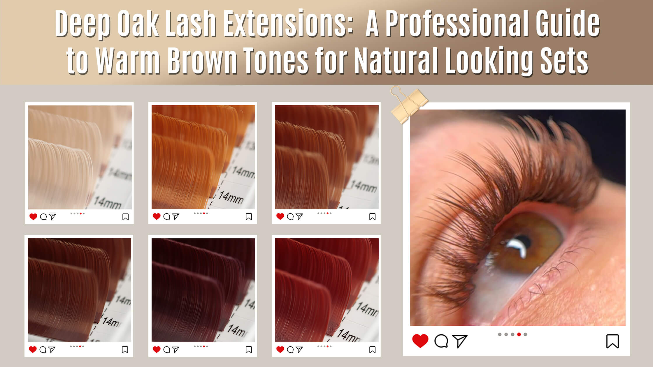 SENSELASHES Deep Oak lash extensions guide graphic showing warm brown lash trays in multiple tones and a close-up of brown lash extensions on an eye for a natural-looking set.
