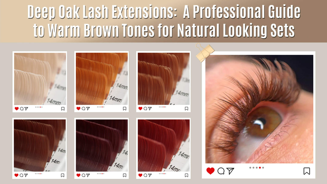 SENSELASHES Deep Oak lash extensions guide graphic showing warm brown lash trays in multiple tones and a close-up of brown lash extensions on an eye for a natural-looking set.