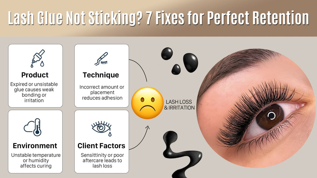 Lash glue retention troubleshooting guide showing causes of poor bonding including product, technique, environment, and client factors with eyelash application result.